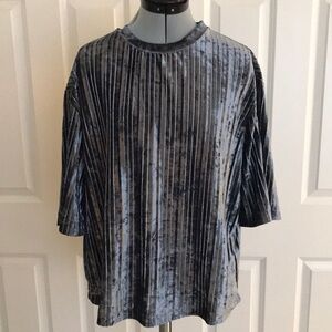 Mango MNG Blue Pleated Crushed Velvet Short Sleeve Top Size Medium M